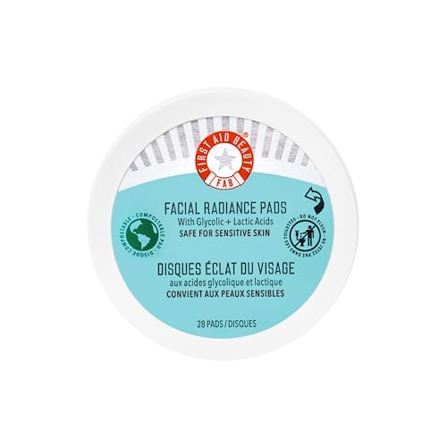 First Aid Beauty - Facial Radiance Pads with Gycloic & Lactic Acids – Daily Exfoliating Pads with AHA that Help Tone & Brighten Skin – Makeup Routine Prep - Compostable for Daily Use – 28 Count
