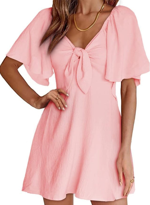 Dokotoo Valentines Pink Cute Summer Dresses for Women 2025 Holiday Fashion Spring Outfits Sexy V-Neck Drawstring Cap Sleeve Elegant Solid Color Flowy Short Mini Dress Pink