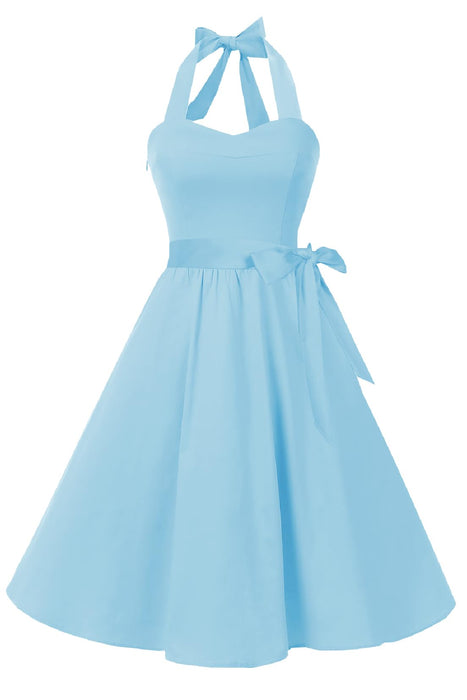 Topdress Women's Vintage Polka Audrey Dress 1950s Halter Retro Cocktail Dress Sky Blue M