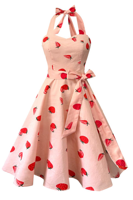 Topdress Women's Vintage Polka Audrey Dress 1950s Halter Retro Cocktail Dress Strawberry L
