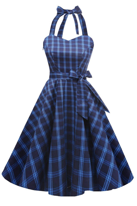 Topdress Women's Vintage Polka Audrey Dress 1950s Halter Retro Cocktail Dress Blue Plaid 3XL