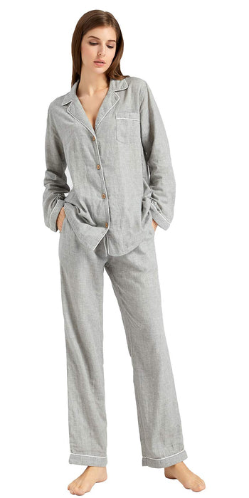 XINJU Women's Pajama Set 100% Double Gauze Cotton Linen Like Super Soft Comfy Button Down Sleepwear (Long Sleeve, Light Grey, Medium)