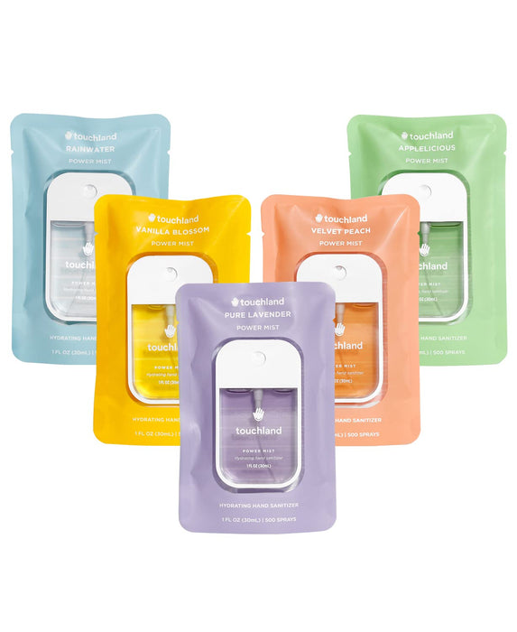 Touchland Power Mist Hydrating Hand Sanitizer Spray, BLOSSOM 5-Pack (Lavender, Vanilla, Rainwater, Peach, Applelicious), 500-Sprays each, 1Fl Oz Travel Size (Set of 5)
