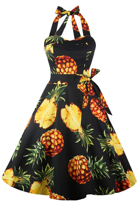Topdress Women's Vintage Polka Audrey Dress 1950s Halter Retro Cocktail Dress Black Pineapple M