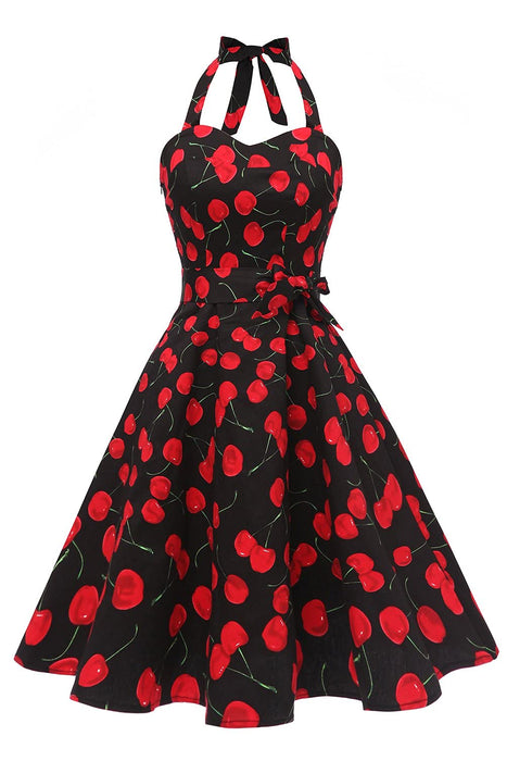Topdress Women's Vintage Polka Audrey Dress 1950s Halter Retro Cocktail Dress Black Cheery L New