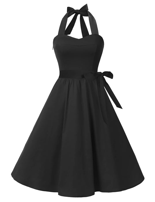 Topdress Women'sVintage Polka Audrey Dress 1950s Halter Retro Cocktail Dress Black L
