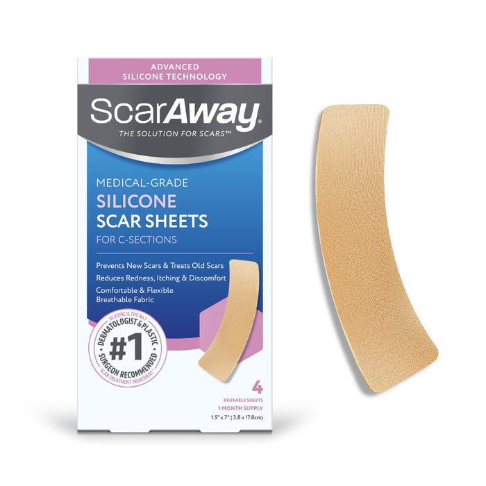 ScarAway Advanced Silicone Scar Sheets for C-Section, Reusable Sheets (1.5” x 7”) for Hypertrophic and Keloid Scars from C-Section & Other Surgeries, 4 Sheets