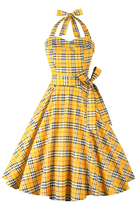 Topdress Women's Vintage Polka Audrey Dress 1950s Halter Retro Cocktail Dress Gold Plaid 3XL New