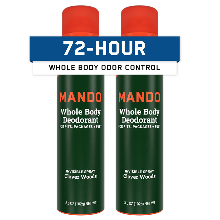 Mando Whole Body Deodorant For Men - Invisible Spray Deodorant - 72 Hour Odor Control - Low Irritation Formula - Aluminum Free, Benzene Free - 3.6 ounce Cans (Pack of 2) - Clover Woods
