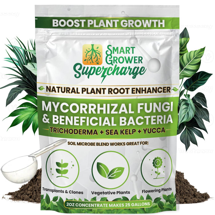 Smart Grower - Mycorrhizal Fungi with Beneficial Bacteria, Trichoderma, Sea Kelp, Molasses, Yucca, Smart Grower Supercharge Plant Root Enhancer 2oz Super Concentrate Powder Makes 25 Gallons