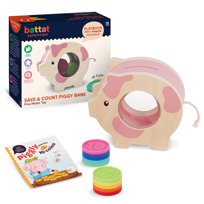 Battat Education – Wooden Piggy Bank for Kids – Educational Pig Toy – Developmental Playset – Fine Motor Skills – 18 Months + – Save & Count Piggy Bank
