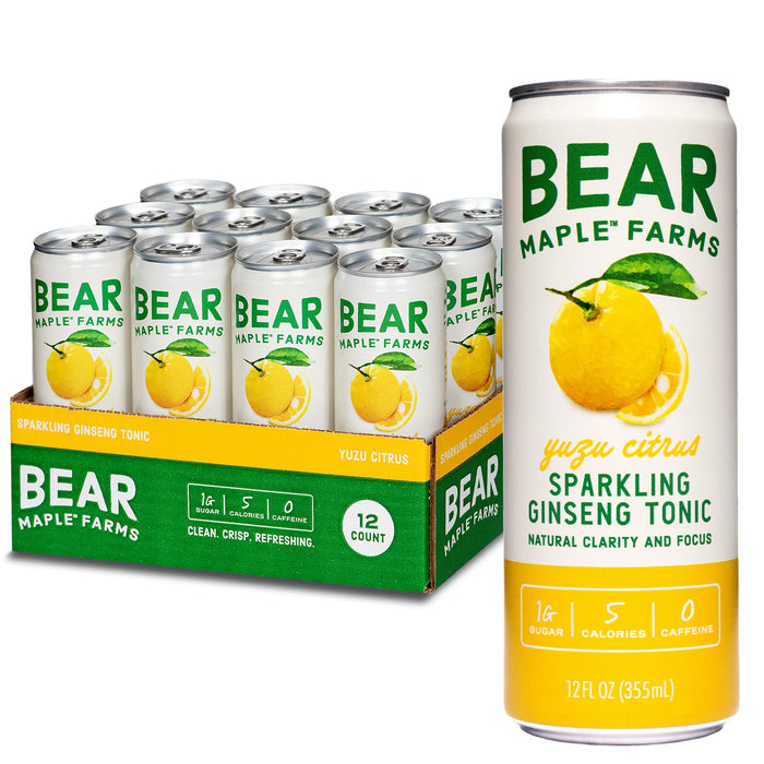 Bear Maple Farms Sparkling Ginseng Tonic, Natural Focus & Clarity from Ginseng, No Caffeine, 5-10 calories per serving, Naturally Sweetened, 12oz can - Yuzu