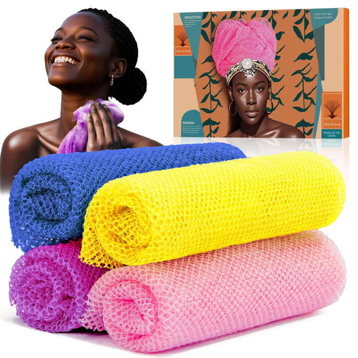 4 Pieces African Net Sponge – Premium African Net Sponge for Deep Exfoliation Quick-Dry and Reusable Mesh for Smooth Skin（Yellow Pink Purple Blue）